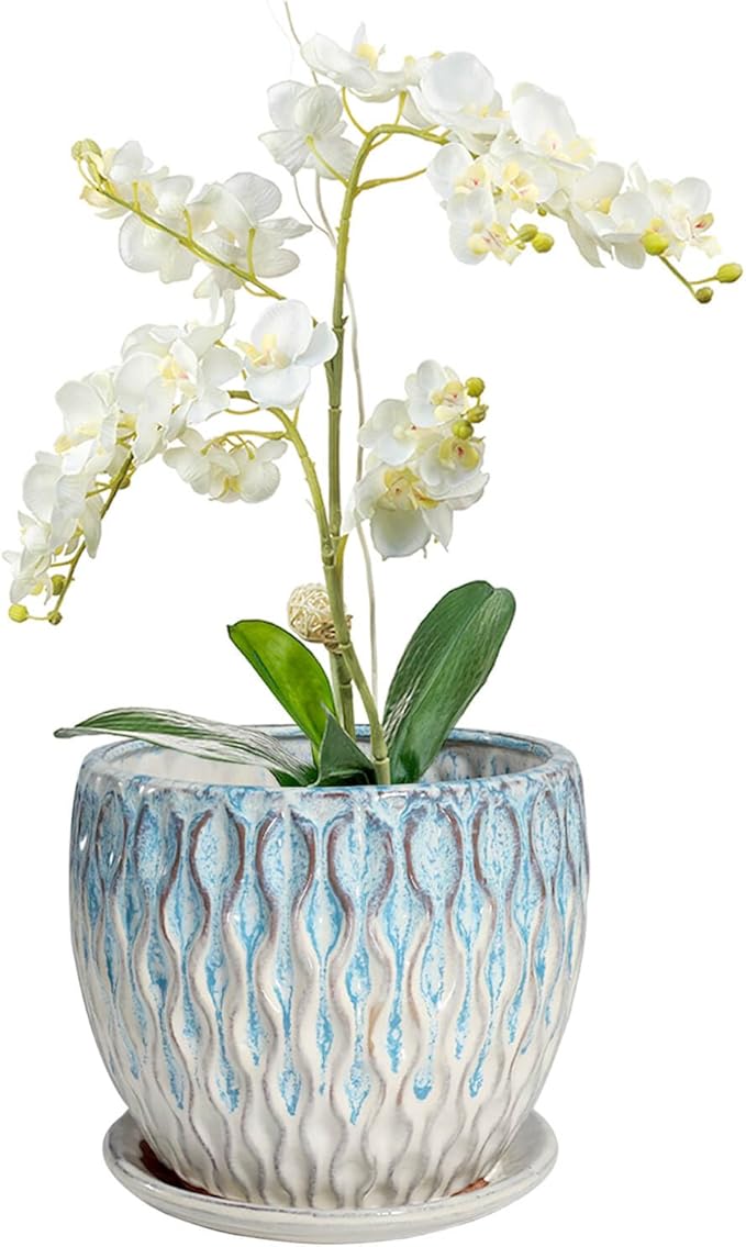 vensovo 7.5 Inch Ceramic Plant Pot with Drainage Holes and Saucer - Large Round Orchid Pot for Indoor Repotting, Ceramic Planter Maintain Air Circulation, Blue