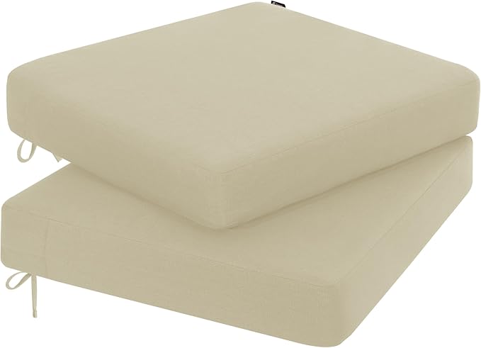 Favoyard Outdoor Chair Cushion 24 x 24 x 4 Inch Rainproof & 3-Year Fade Resistant Patio Furniture Cushions with Removable Cover and Adjustable Ties for Garden Sofa Couch Pads Set of 2, Beige
