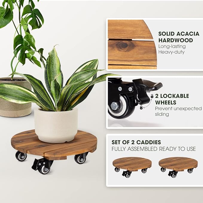 Idzo 2-Pack 14 Inch Acacia Wood Rolling Round Plant Caddy, Plant Caster for Heavy Duty Plant Stand with 360° Lockable Wheels, 264 lbs Capacity Caddy for Indoor and Outdoor Use, Natural Wood