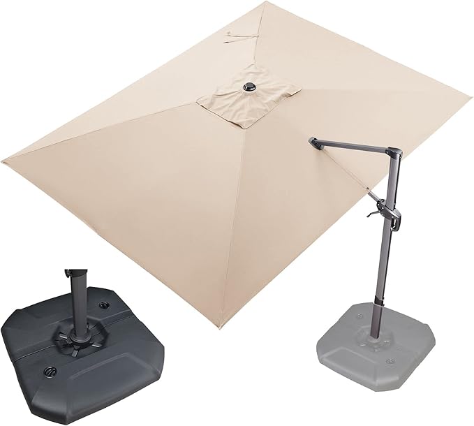PURPLE LEAF 9' X 11.5' Patio Umbrella with Base Outdoor Cantilever Rectangle Umbrella Offset Umbrella with 360-degree Rotation for Garden Deck Pool Patio, Beige