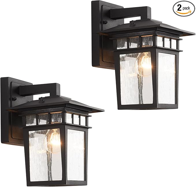 Outdoor Wall Lantern, Exterior Lighting Fixtures Wall Mount, 2 Pack Black Outdoor Sconce with Seeded Glass, Exterior Porch/Patio Lights for House Front Door Garage