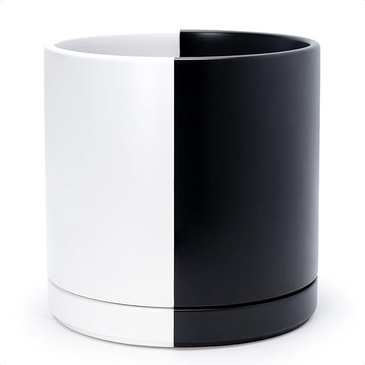 D'vine Dev 12 Inch Ceramic Planter Pot with Drainage Hole and Saucer, Indoor Cylinder Round Planter Pot, Split Monochrome Black & White, 94-O-F-0