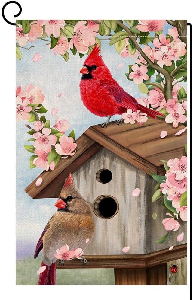 BLKWHT Spring Cardinal Bird Garden Flag 12x18 Vertical Double Sided Pink Flowers Tree Summer Farmhouse Holiday Outside Decorations Burlap Yard Flag BW792