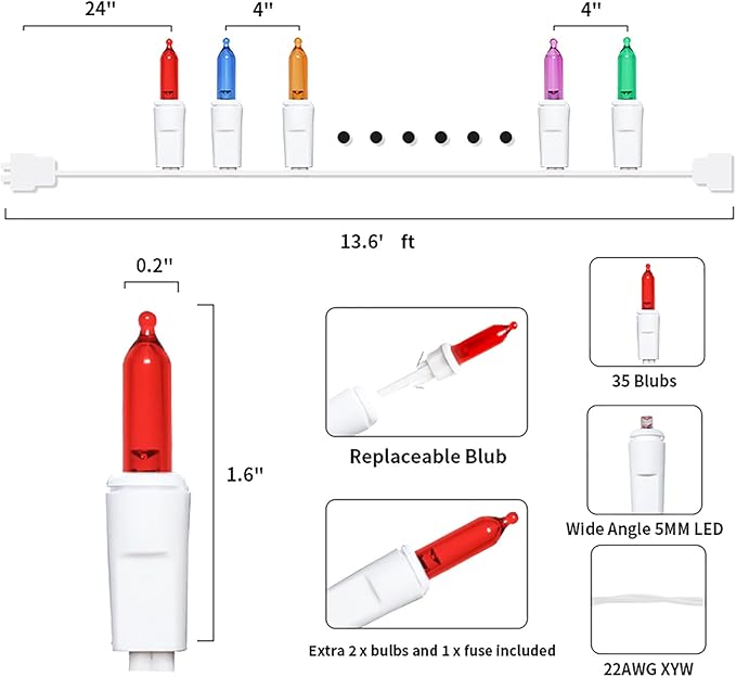 Multicolor Christmas LED Lights - 35 Count Multi-Colored Christmas String Lights for Small Tree, Crafts, Holiday, Indoor/Outdoor Decorations, 11 Feet White Wire, UL Certified, Connectable