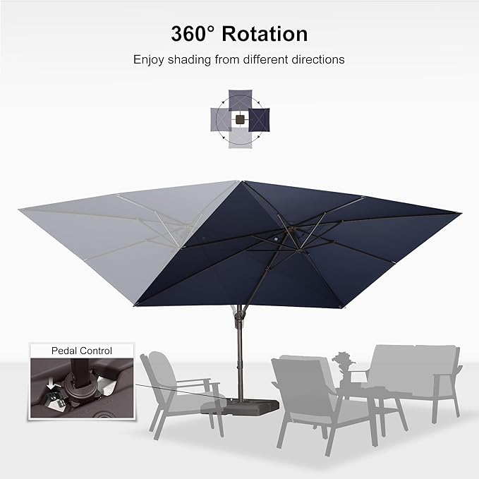 PURPLE LEAF 9' X 11.5' Rectangle Cantilever Umbrella Patio Umbrella Outdoor Aluminum Offset Hanging Umbrella with 360-degree Rotation for Pool Garden Backyard Deck, Navy Blue