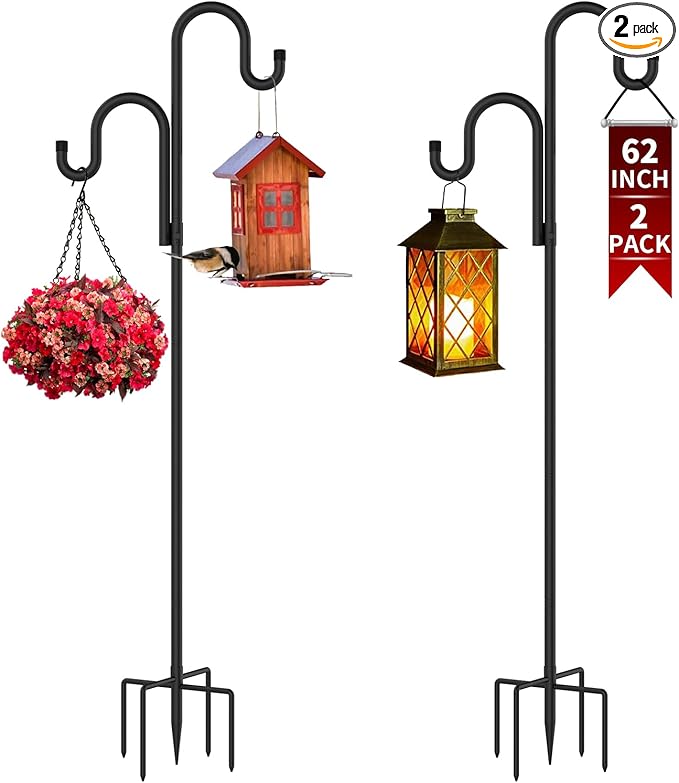 Double Shepherds Hooks for Outdoor, Bird Feeder Pole with 5 Prongs Base, Heavy Duty Garden Hook for Lantern, Wind Chime and Hummingbird Feeder, 62 Inch, 2 Pack