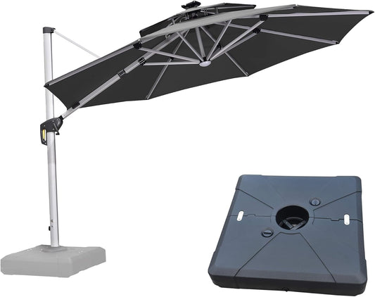 PURPLE LEAF 11ft Patio Umbrella With Base Solar powered LED Cantilever Umbrella with LED lights Windproof Outdoor Offset Umbrella for Garden Deck Pool Patio, Grey