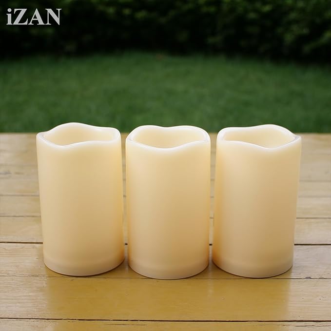 iZAN Set of 6 Outdoor Flameless Battery Operated LED Pillar Candles with Remote Timer Waterproof Flickering Electric Decorative Lights for Christmas Home Wedding Party Festival Decorations 3" x5”