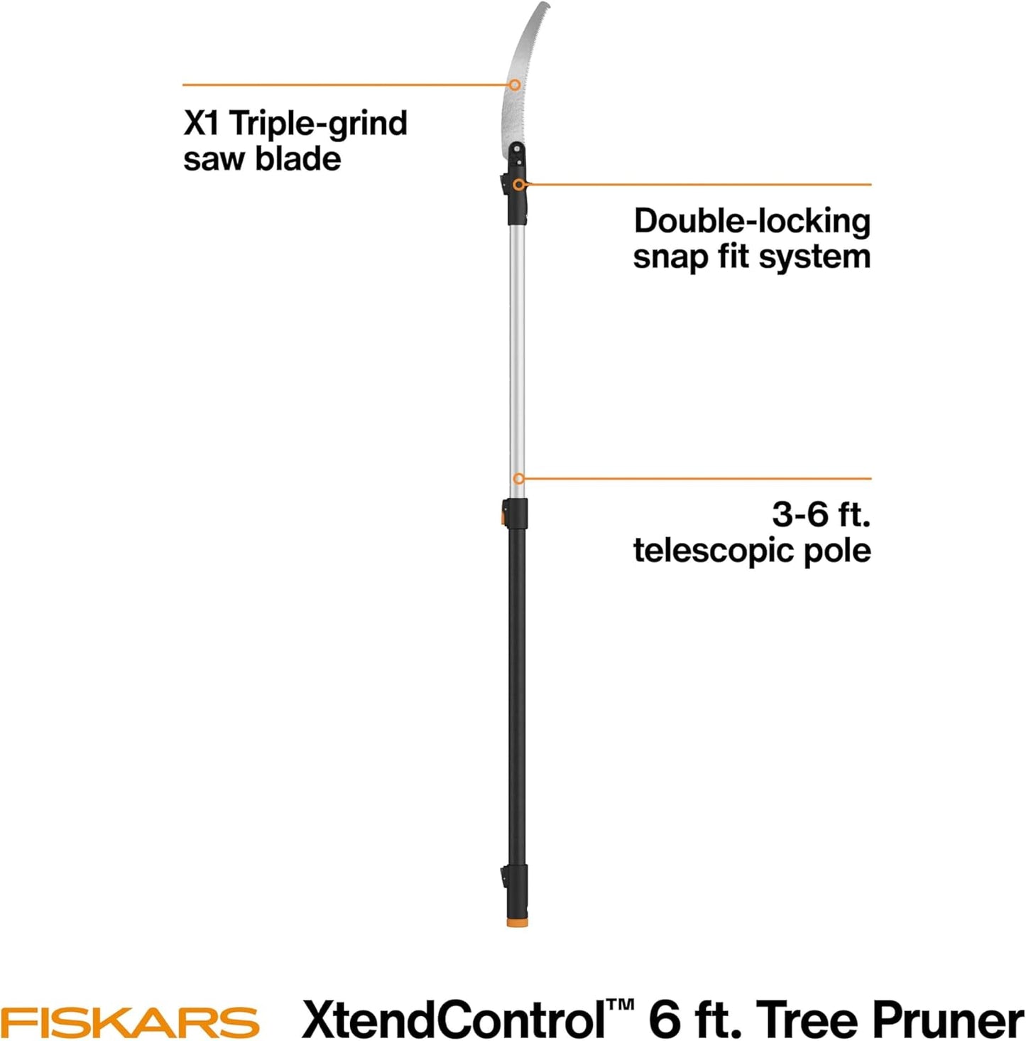 Fiskars XtendControl Extendable Tree Pruner (6 ft), Adjustable Branch Trimmer with 15" X1 Saw with Hand Saw Option, 3-6 ft Extension Pole, and Secure Locking System for Precision Cutting