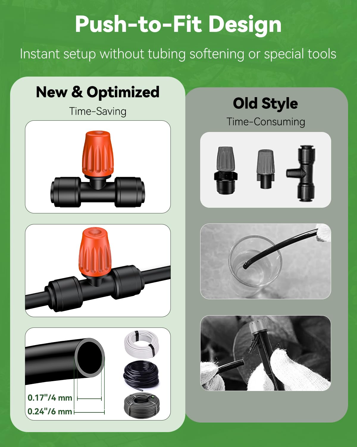 Pawfly 60 Pcs Push-to-Fit Drip Irrigation Spray Emitters with Adjustable 360 Degree Water Flow, Irrigation Drippers with End Plugs, Tee Misting Atomizing Nozzles Micro Sprayers for 1/4 Inch Tubing