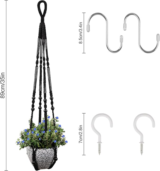 RIFNY Macrame Plant Hanger for 5 to 10 Inch Plant Pots, 35 Inch Woven Rope Hanger Kits with Hooks and Wood Beads, Hanging Planter Basket for Indoor Boho Home Decor (Black, 2 Pack)