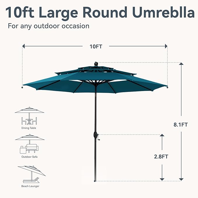 GREEN PARTY 10ft Outdoor Patio Umbrella, Auto-Tilt Market Table Umbrellas with Crank, 8 Sturdy Ribs & 1.5" Pole UV Protection for Garden Deck Backyard Pool