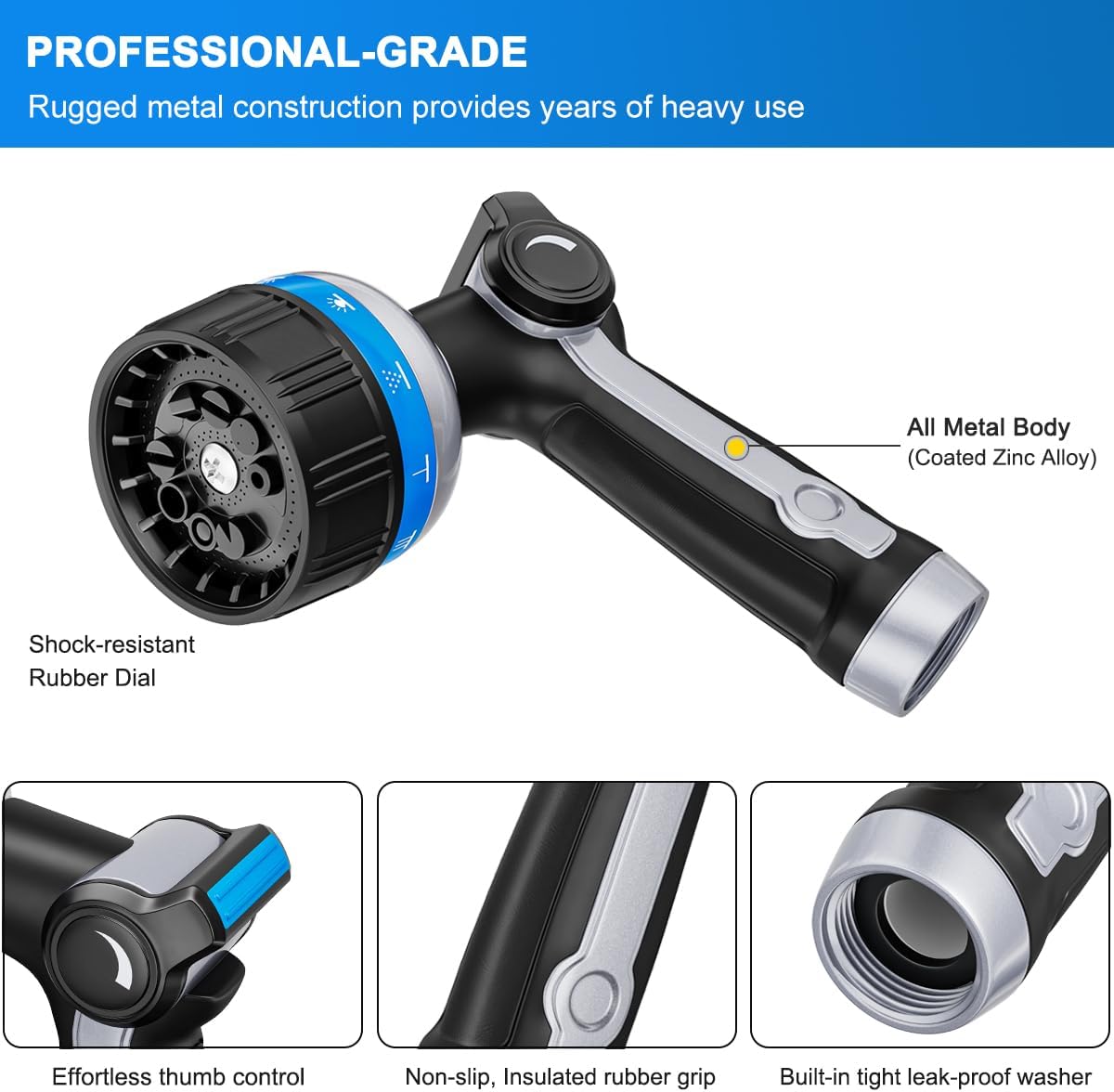 FANHAO Heavy Duty Garden Hose Nozzle, Metal Water Hose Sprayer with 10 Spray Patterns, Thumb Control, On Off Valve, High Pressure Water Nozzle for Plants Watering, Car and Pet Washing, Blue