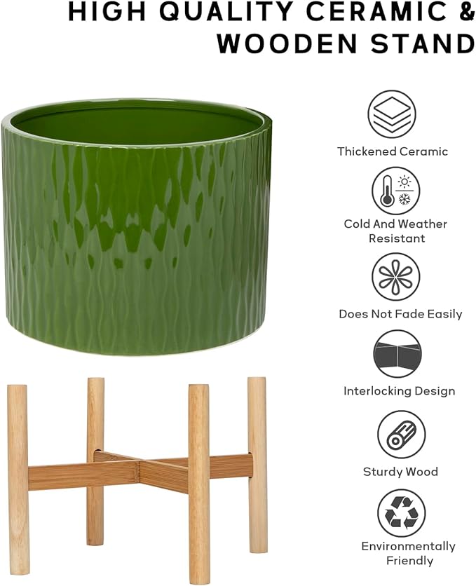 LaDoVita Ceramic Plant Pot with Stand, 10 Inch Planter with Wood Shelf, Modern Round Flower Pots Indoor with Wood Planter Holder, Dark Green Water Ripple Pattern