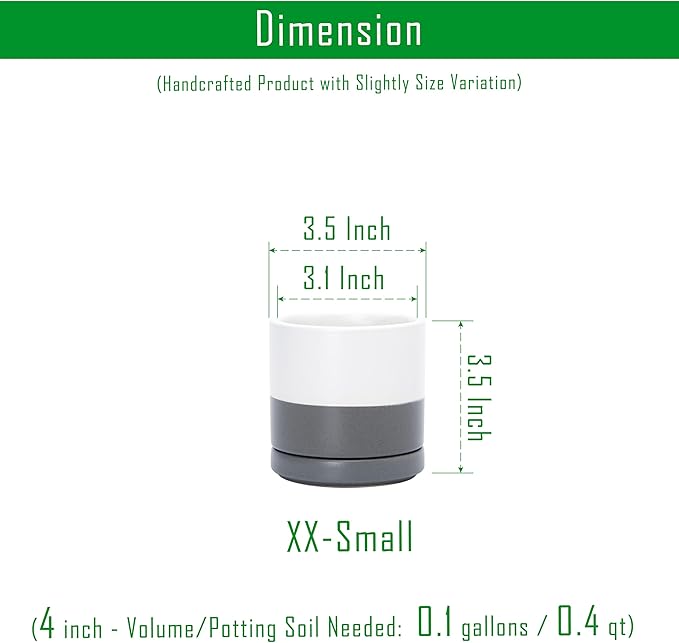 D'vine Dev 3.5 Inch Ceramic Planter Pot with Drainage Hole and Saucer, Indoor Cylinder Round Planter Pot, White/Speckled Grey, 94-O-A-6