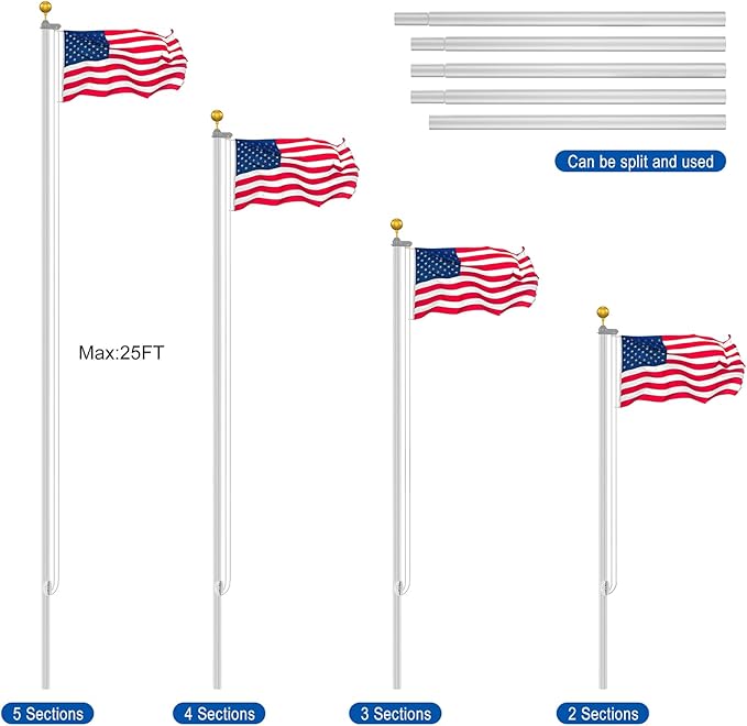Flag Pole Kit 25FT, 12 Gauge 1.8mm Thickness Heavy Duty Flag Poles with 3x5 American Flag, Silver Flag pole for Outdoor House In Ground, Extra Thick Flagpoles Suitable for Yard and Garden