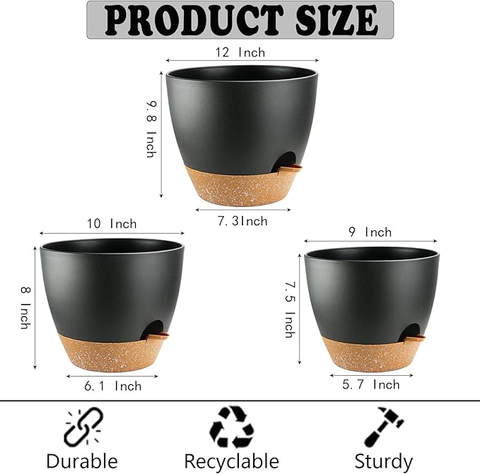 Large Self Watering Planters Plant Pots Outdoor 9/10/12 Inch for All House Plants Black Plastic Flower Pots with Drainage Hole Flower Pots for Indoor Plants Gift Idea for Home Decor