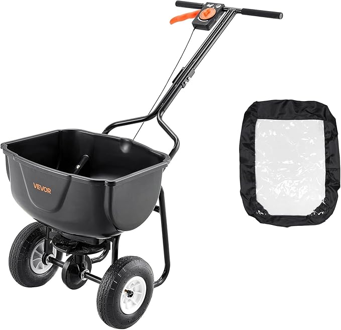 VEVOR Broadcast Spreader, 60LBS Capacity, Walk-Behind Push Spreader, 0-9.8 ft Spreading Width, 10 in All Terrain Pneumatic Tires, Lawn Spreaders with Hopper Grate, for Seed, Fertilizer, Salt, Ice Melt