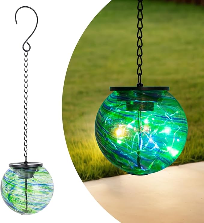 Color Changing Hanging Solar Lanterns Outdoor Waterproof LED Glass Solar Globe Light with S Hooks,Gazing Ball Outdoor Decorative Lanterns for Patio,Pathway,Yard,Garden Decor Gift for Women