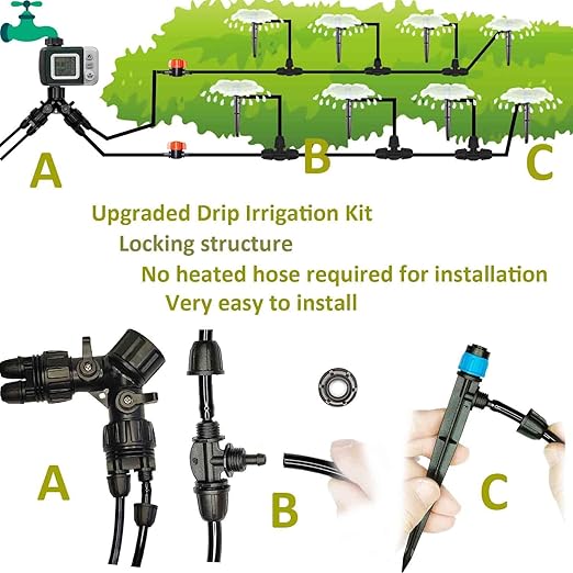 64FT Drip Irrigation Kit with Garden Timer Plant Watering System with Tubing Gushing Nozzles and Water Timer, Quick Connector Kits Easy to Assemble