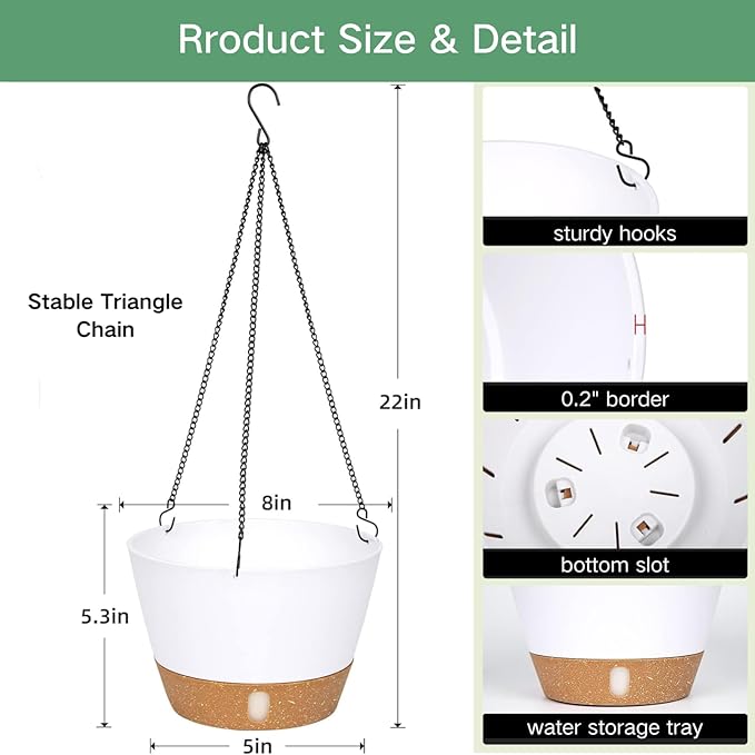 QCQHDU 2 Pack 8 inch Hanging Planters for Indoor Plants, Outdoor Hanging Baskets, Self Watering Pots with Drainage Holes & Removable Tray (White, 8 inch)