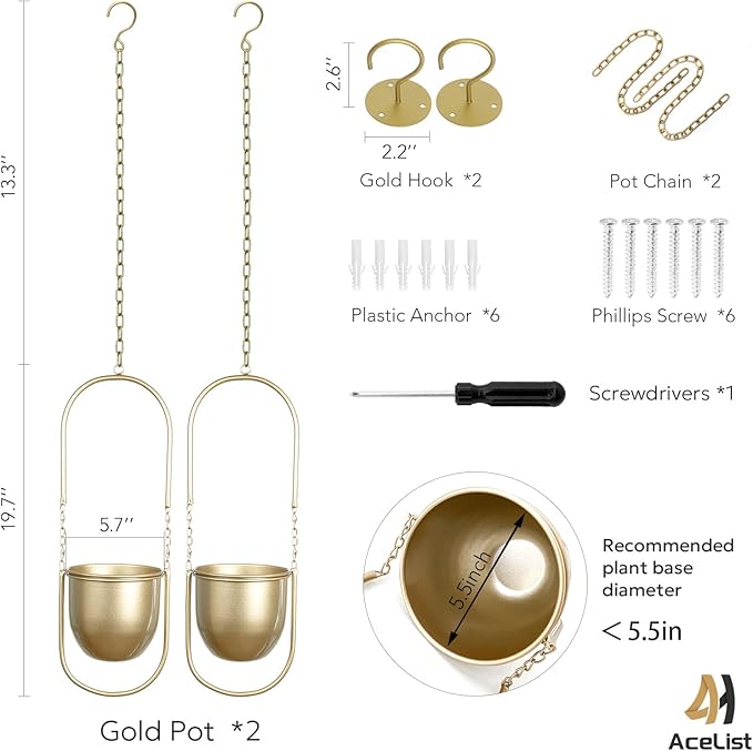 AceList Boho Hanging Planter for Indoor Plants - Set of 2 Gold Metal Wall Planter 5.7Inch with Hooks and Chins, Plant Hanger Decor for Window and Patio - Suitable for Hanging Plants Decor