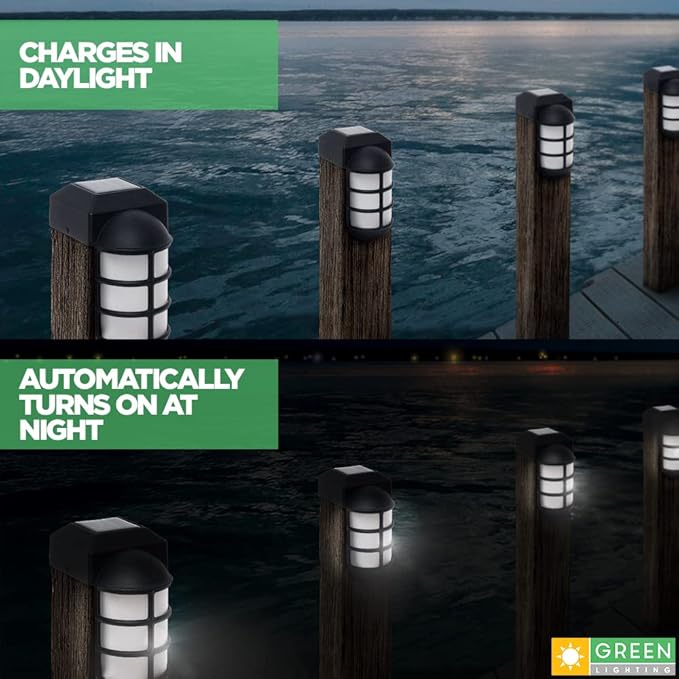GreenLighting Marina Solar Post Cap Lights Fits 4x4 Nominal Wood Outdoor Solar Powered Post Cap Light, Fence Post, Landscaping, Deck, Garden- Bright LED, Waterproof Nautical Lighting Black 2 Pack