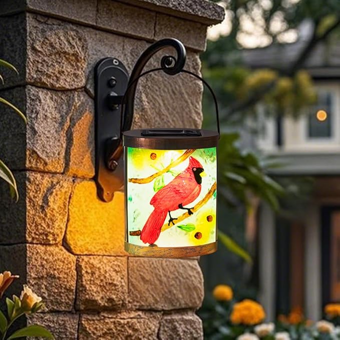 Starsoul 2 Pack Hanging Solar Lantern Outdoor Waterproof Glass Red Cardinal Decorative Solar Lights for Outside Garden Yard Table Patio Decor Cardinal Gifts