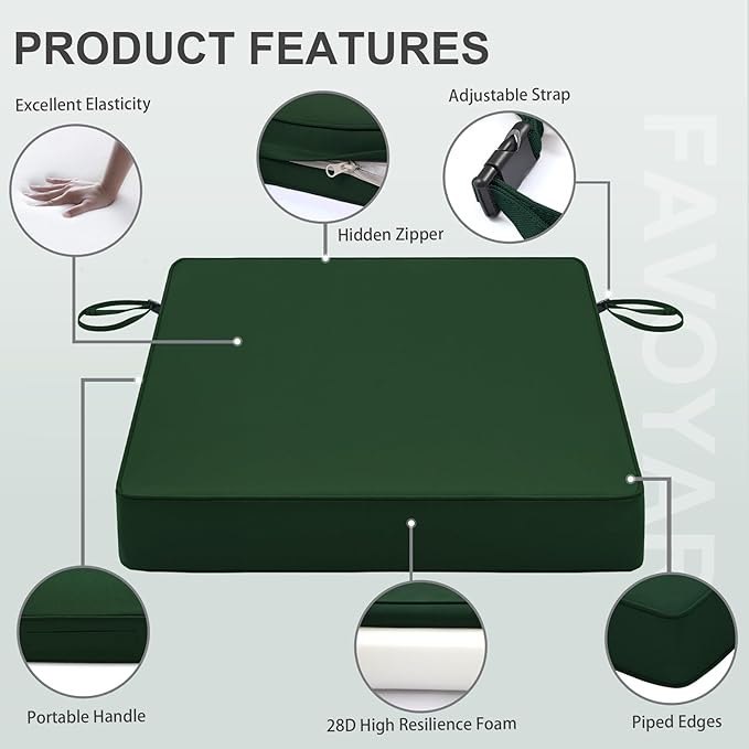 Favoyard Patio Chair Cushions 22 x 22 x 3 Inch Waterproof Outdoor Seat Cushions for Patio Furniture 3-Year Color Fastness Garden Sofa Couch Chair Pads with Handle & Adjustable Straps Set of 2, Green
