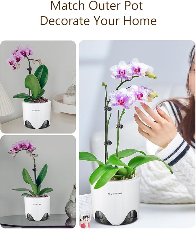 6 inch Orchid Pots with Holes for Repotting with Excellent Airflow, Set of 2, Double Layer Plastic Imitate Ceramic Orchid Planter, Clear Orchid Pot Match Decorative Orchid Container