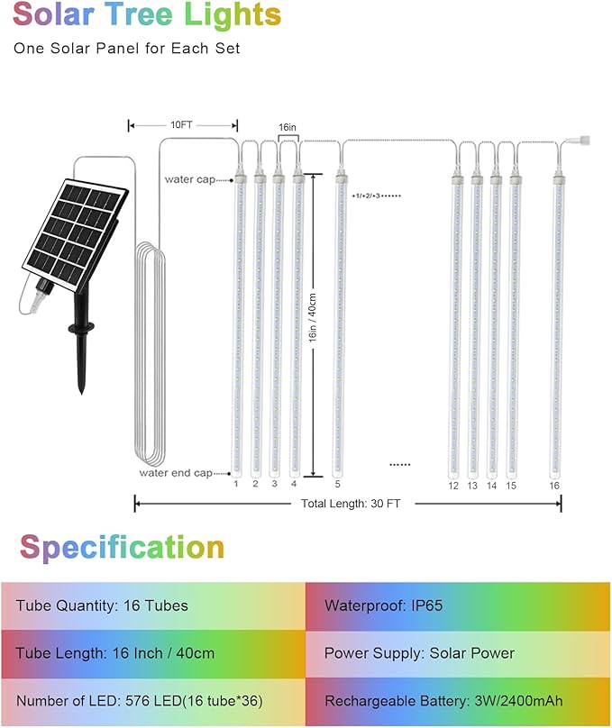 Meteor Shower Lights Outdoor Solar Meteor Lights Falling Rain Lights 16 Tubes 16 Inch 576LED Cascading Snowfall Christmas Lights for Holiday Wedding New Year Party Yard House Roof Tree Mall Decoration