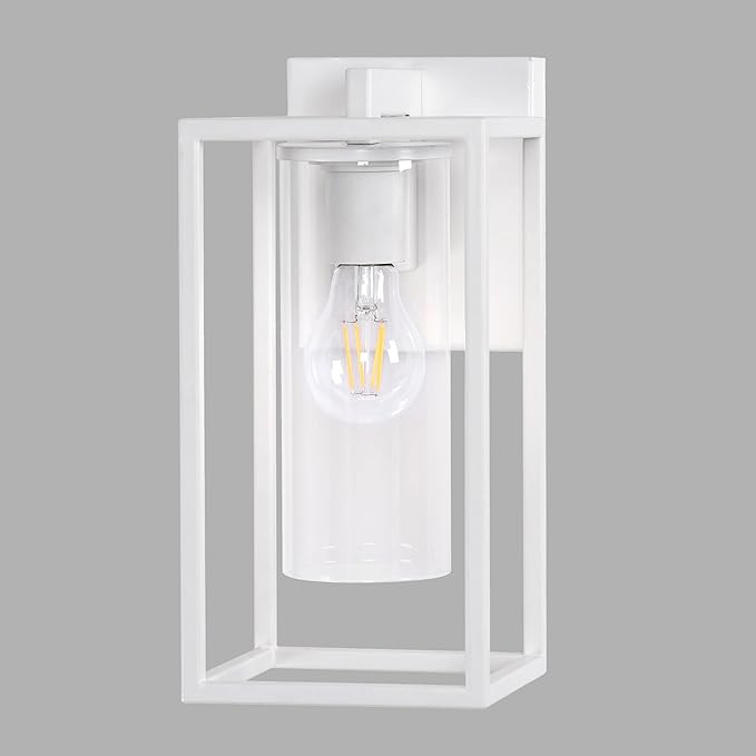 Pia Ricco Outdoor Wall Lights, Outdoor Wall Lantern with Circular Clear Glass Shade, Waterproof Exterior Lighting Fixtures, Modern Front Porch Lighting for House, Garage, E26 Base, ETL Listed, White