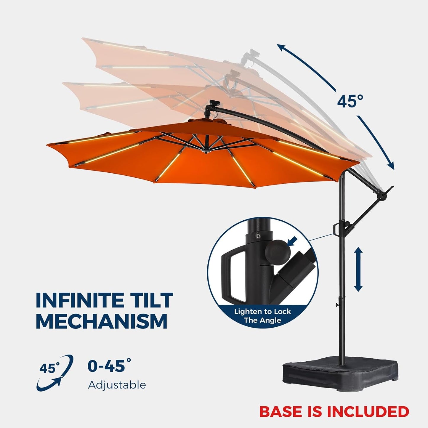 HOMSHADE 10ft Solar Lights Offset Cantilever Patio Umbrella - with Light and Base, LED Lighted Offset Hanging Patio Outdoor Market Umbrella UPF50+ UV Protection with Easy Tilt and Crank (Orange)