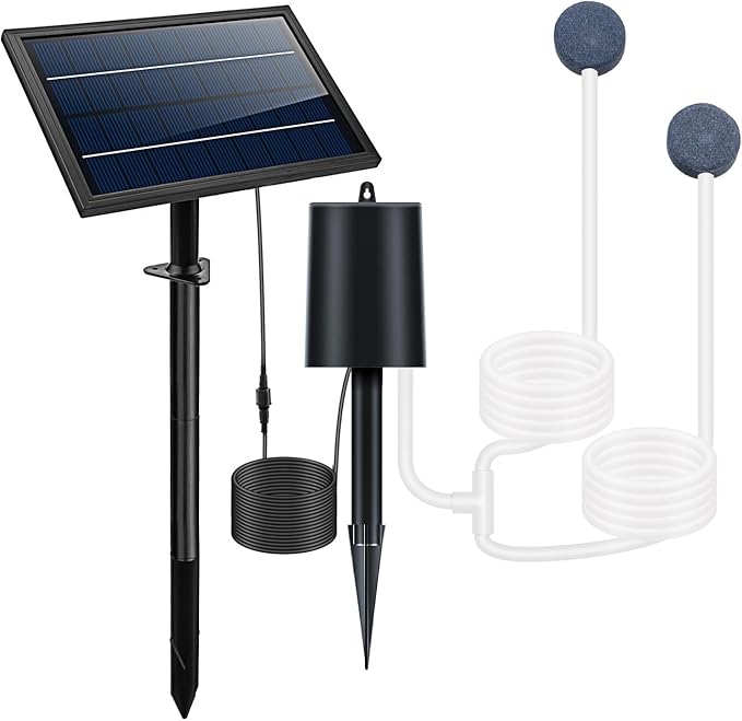 Lewisia 8W Solar Pond Aerator with Built-in 2400mAh Battery Backup, 3 Working Modes, 2 Air Stones, Solar Air Pump for Pond Fish Tank Hydroponics Bubble Oxygenator