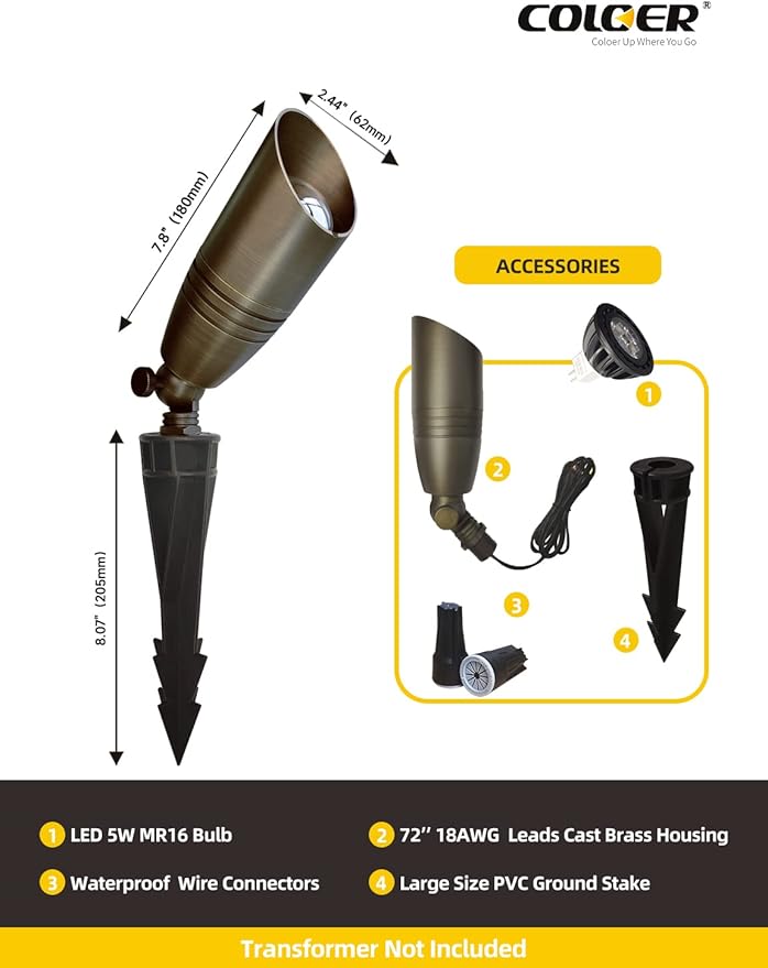 COLOER Die-cast Brass Landscape Spotlights Outdoor with 5W Aluminum Housing LED MR16 Bulb 2700K 450LM,12V AC/DC Low Voltage Lighting, Outdoor Directional Up Light, Spot Lights for Yard(102B,1 Pack)