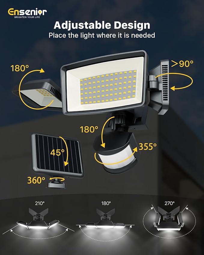 Ensenior 5 Motion Sensor Modes Solar Security Light, 1800LM 270° Wide Angle 3 Heads LED Flood Lights, IP65 Waterproof Wall Lights, Separate Solar Panel Remote Control Solar Lights Outdoor