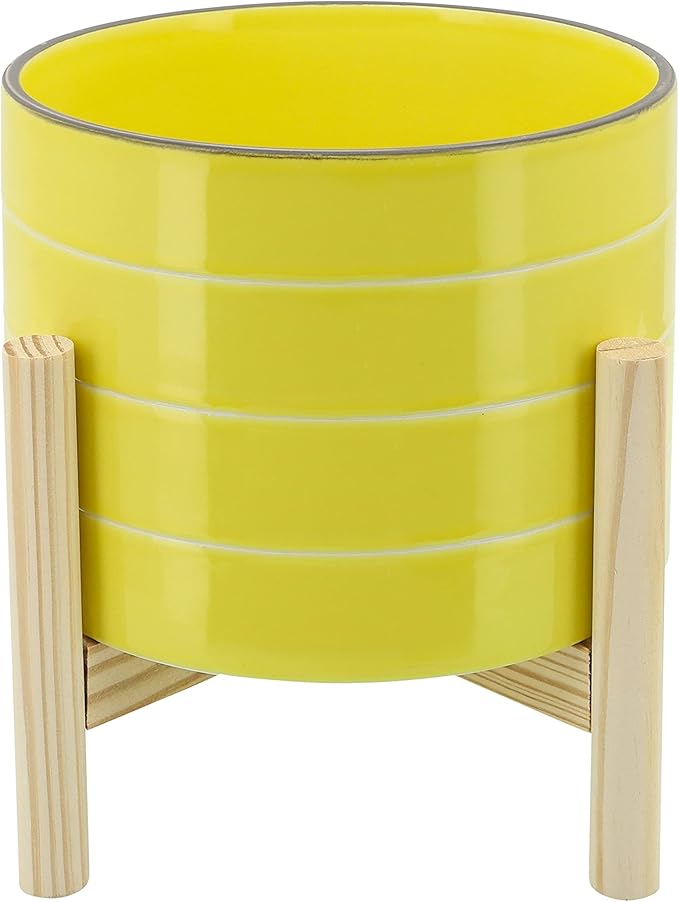 Sagebook Home 8" Planter on Stand - Ceramic Planter on Wooden Base - Contemporary Yellow and White Striped Design Indoor or Outdoor Plant Stand Decor