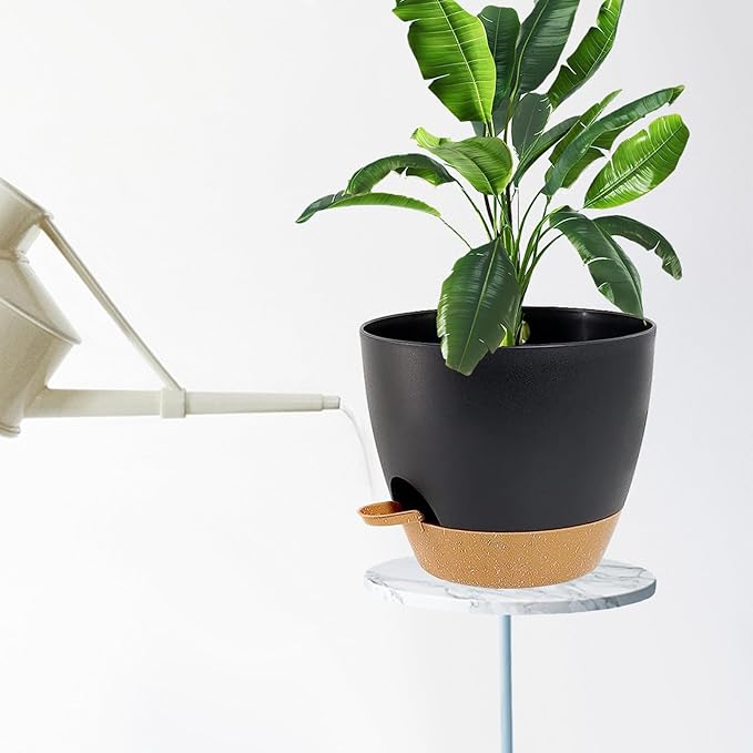 Large Self Watering Planters Plant Pots Outdoor 9/10/12 Inch for All House Plants Black Plastic Flower Pots with Drainage Hole Flower Pots for Indoor Plants Gift Idea for Home Decor