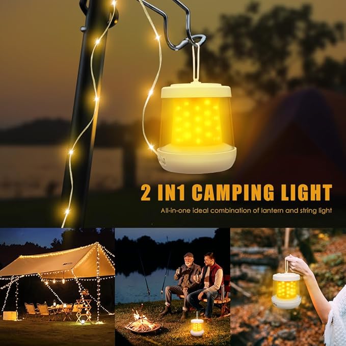 UniqueFire Portable 2 in 1 Camping Lantern，Camping String Lights Outdoor，Rechargeable LED Tent Lantern with Warm String Lights for Camping, Party, Garden and Yard Outdoor Decoration