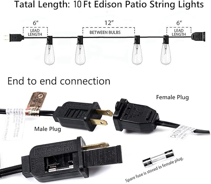 10Ft Outdoor String Lights Waterproof, Hanging Patio Lights with 11 Edison Bulbs (1 Spare), ST40 Vintage Edison Bulbs String Lights for Indoor Garden Backyard Party Wedding Balcony Decor- Black