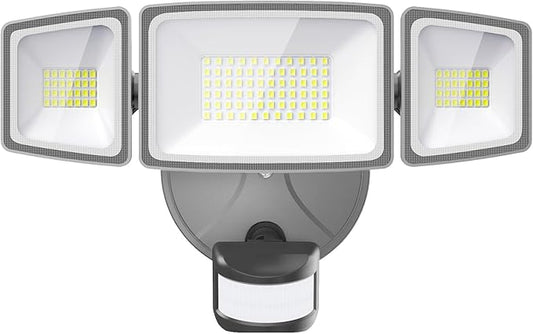 Onforu 65W LED Security Lights Motion Sensor Light Outdoor, 6500LM, 6500K, IP65 Waterproof, Flood Light Outdoor Motion Detector with Adjustable 3 Head, Hardwired Wall Light for Entryway, Yard (Gray)