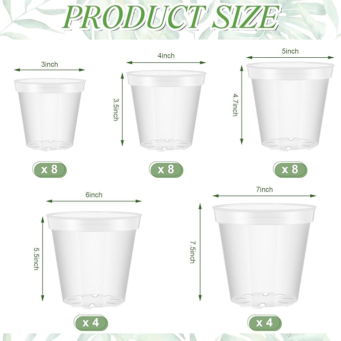 Vesici Large Size Clear Nursery Pots Variety Pack Plant Pots with Drainage Holes Planters for Indoor Plants Flexible Transparent Plastic Plant Bottle Succulents(32 Pcs,3/4/5/6/7 Inch)