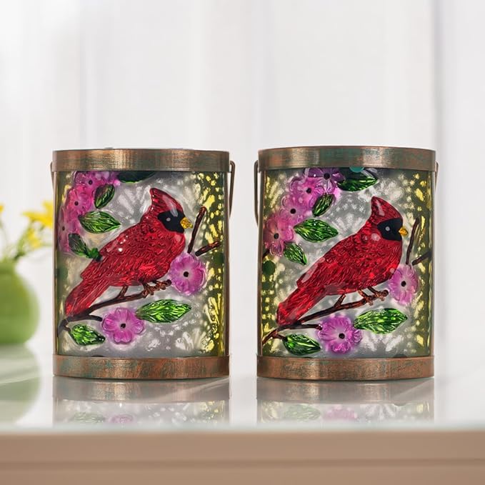 Starsoul 2 Pack Hanging Solar Lantern Outdoor Waterproof Glass Red Cardinal Decorative Solar Lights for Outside Garden Yard Table Patio Decor Cardinal Gifts