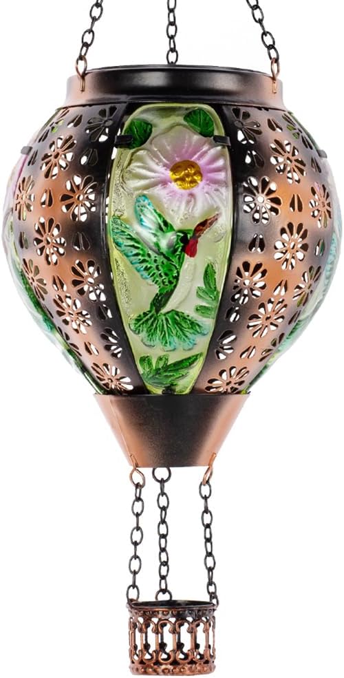 DREAMSOUL Hummingbird Hot Air Balloon Solar Lantern, Metal & Glass Flickering Flame Light Solar Lantern, Hanging Waterproof Solar Lanterns Outdoor for Garden Patio Tree Decoration Christmas Gifts