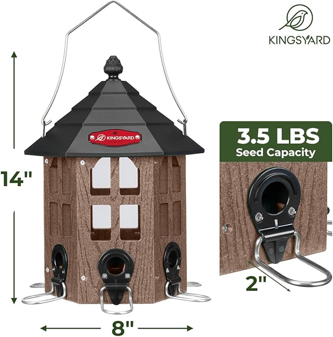 Kingsyard Wild Bird Feeder for Outdoor Hanging, Recycled Plastic Bird Feeders with 6 Ports & U-Shape Perch, Garden Yard Outside Decoration, 3.5 lbs Seed Capacity, Brown