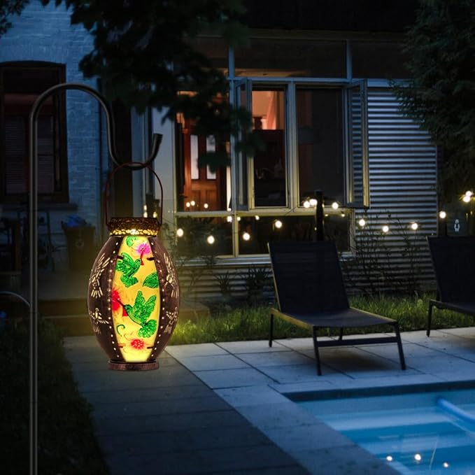 Starsoul Flamingo + Hummingbird Solar Lantern Solar Hot Air Balloon Flickering Flame Hanging Garden Light Stained Glass & Metal Outdoor Lantern Waterproof Hummingbird Hanging Lantern