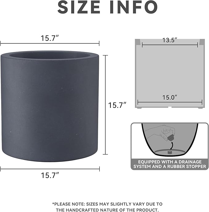 Kante 15.7" Dia Round Concrete Planter, Modern Style Large Cylindrical Plant Pot with Drainage Hole and Rubber Plug for Indoor Outdoor Patio, Charcoal