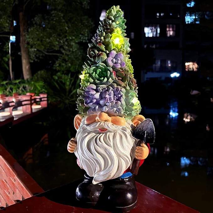 Solar Powered Gnome with Flower Hat and Shovel, Decorated Solar Light, Garden Decorations Statues, Garden Light Decor