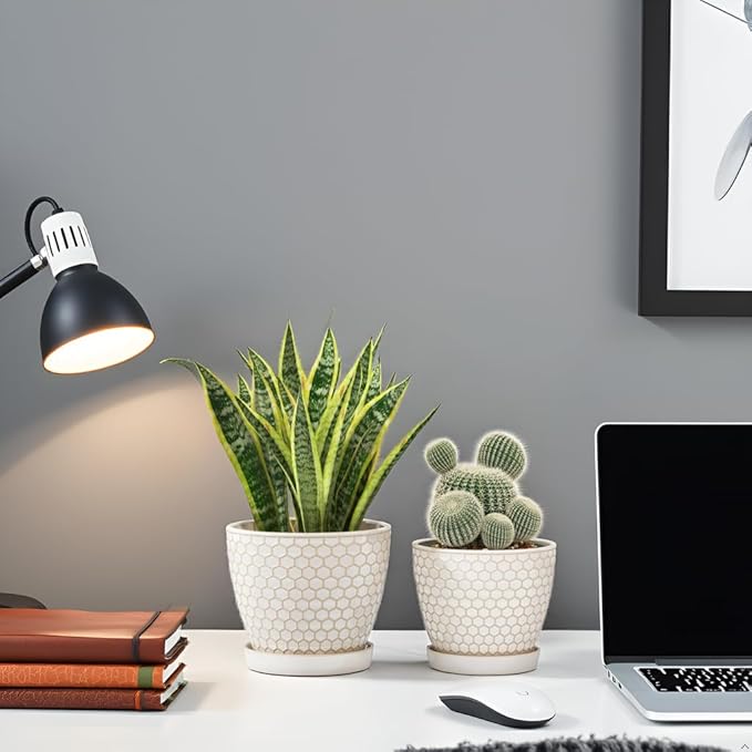 Docrin Ceramic Plant Pots Indoor, 6.6 + 5.5 Inch Flower Pots with Drainage Holes and Saucer for Plants, Set of 2, Milky White Honeycomb