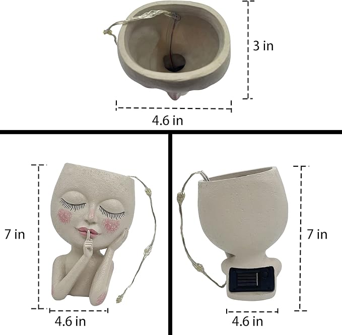 Solar Face Flower Pot,Head Planter Pot,with Led String Lights Succulent Planter Light,Warterproof Resin Cactus Planters,Cute Closed Eyes Lady Face Planter,for Indoor Outdoor Plant Garden Decor (Large)